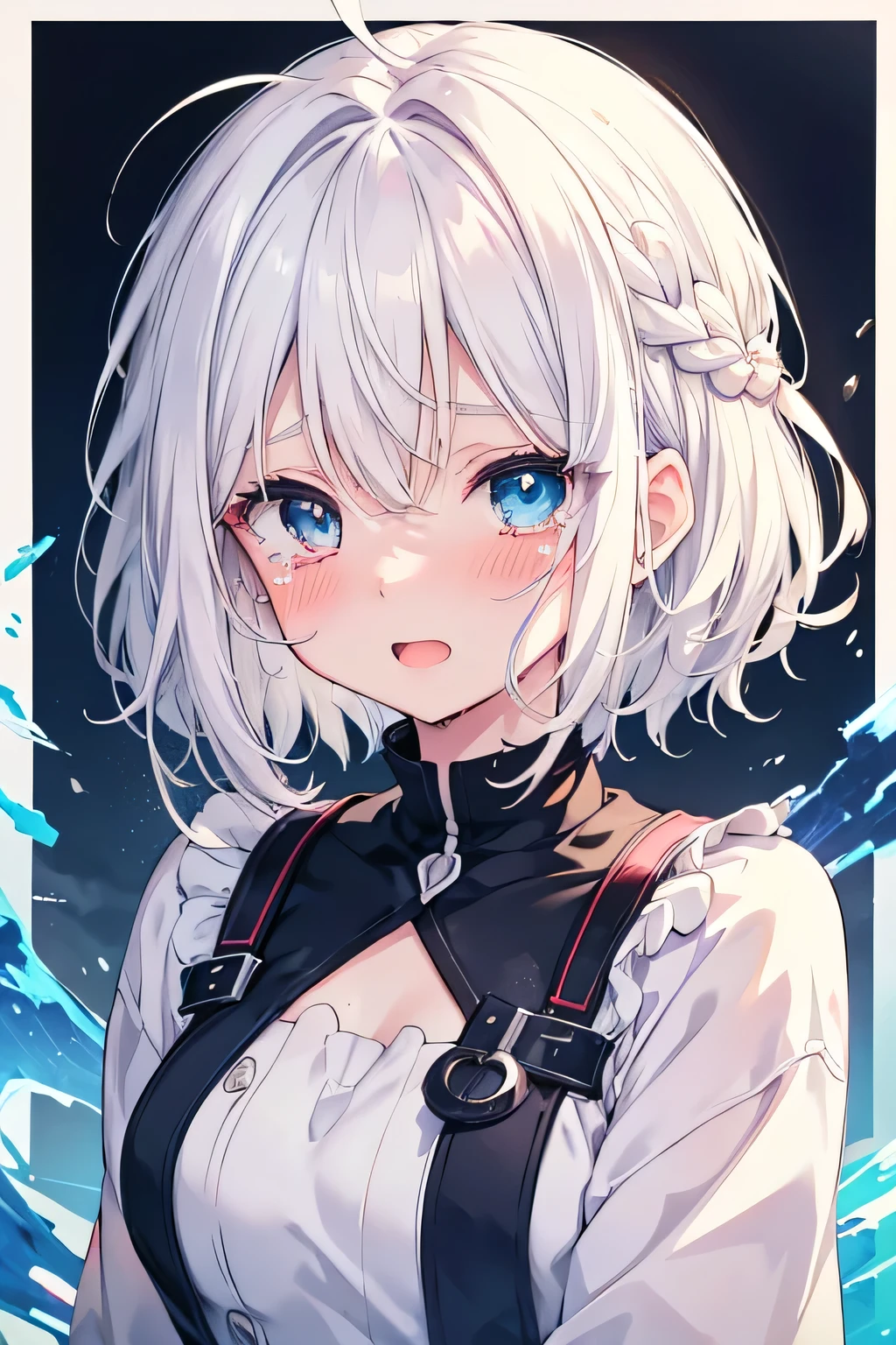 girl, cute anime girl, smile, open mouth, white hair, short hair, hair in a braid on the side, messy hair, big eyes, heterochromia, left blue eye, right yellow eye, blushing, tears, crying, tears rolled down on cheeks