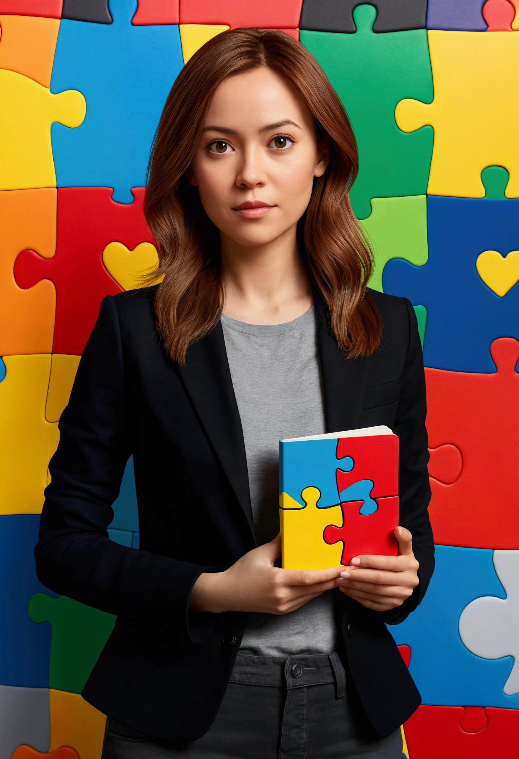3D PIXAR STYLE POSTER. WOMAN 35 YEARS OLD, with light skin, MEDIUM BROWN HAIR ON THE SIDE, eyes browns, black blazer, black jeans pants, gray shirt, White sneakers, notebook in hand, COLORFUL BACKGROUND WITH RED PUZZLE, Unripe, azul e amarelo