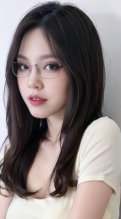 (best quality, masterpiece:1.2), white background, realistic, crew neck, closed-neckline, pants, (business jacket:1.2), (brown hair:1.2), big eyes, beautiful woman, smile, eyelashes, highly detailed face, glasses, fierce look, angry look, (ao dai: 1.2)