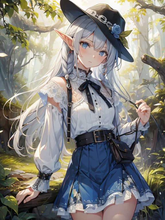 masterpiece, Highest品質, Very detailed, 16K, Ultra-high resolution、Cowboy Shot, 1 Elf girl, Detailed face、Perfect Fingers, Elf Ears, Small breasts, blue eyes, Silver Hair, Braiding, White blouse, sweater, Highest, (Checkered lace skirt:1.4), in the forest, stream, Stand on the banks of the river