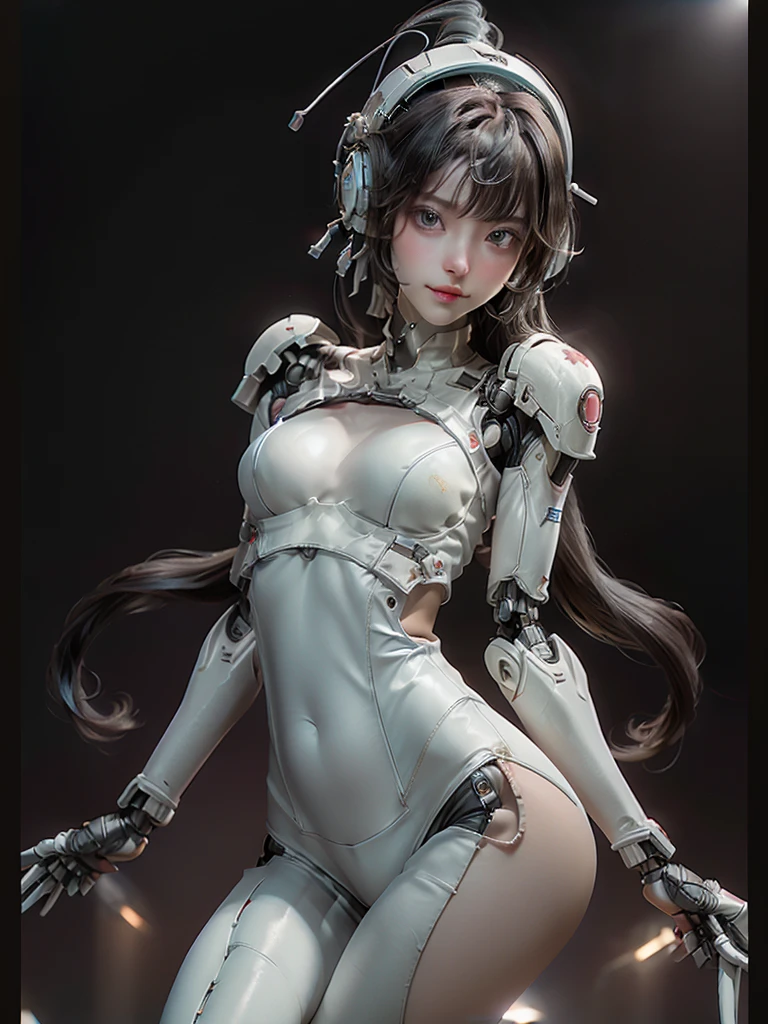 Extremely cute human eighteen year old girl face, human torso, human huge , human abdomen, human hips, robotic arms, mechanical legs, arms and legs with hard white shiny shell and black joints, very beautiful and feminine, short, , small, small, busty buttocks, medium bust, cleavage display, flat belly display, partial helmet with antenna on the ear, black robot joints, very stylish, award-winning product design, black rubber tights, The shiny white metal breastplate opens at the cleavage and abdomen, the white metal buttocks are wrinkled, and the armor has stylish, glowing trims