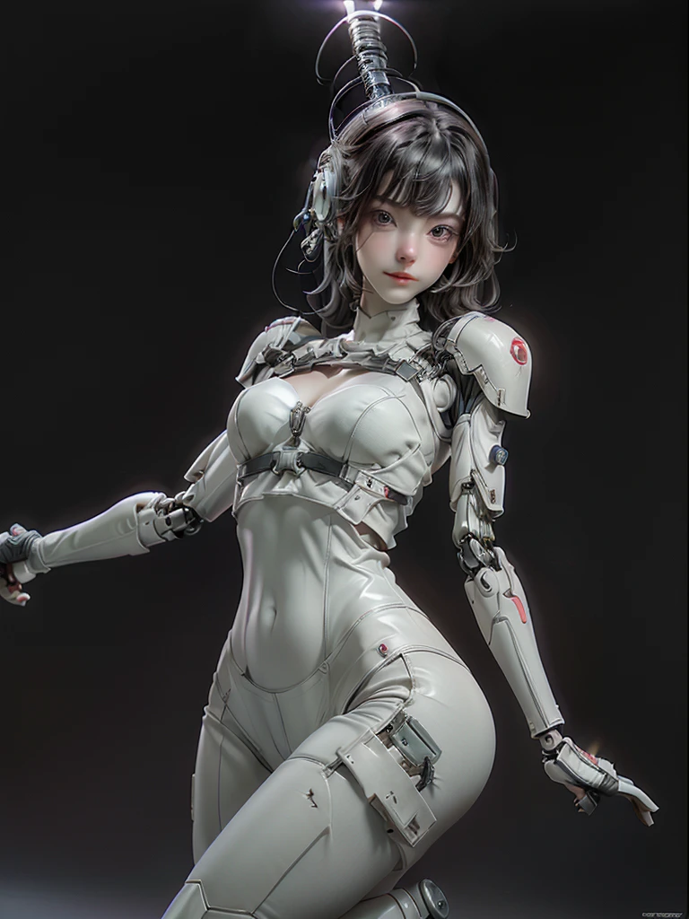 Extremely cute human eighteen year old girl face, human torso, human huge , human abdomen, human hips, robotic arms, mechanical legs, arms and legs with hard white shiny shell and black joints, very beautiful and feminine, short, , small, small, busty buttocks, medium bust, cleavage display, flat belly display, partial helmet with antenna on the ear, black robot joints, very stylish, award-winning product design, black rubber tights, The shiny white metal breastplate opens at the cleavage and abdomen, the white metal buttocks are wrinkled, and the armor has stylish, glowing trims