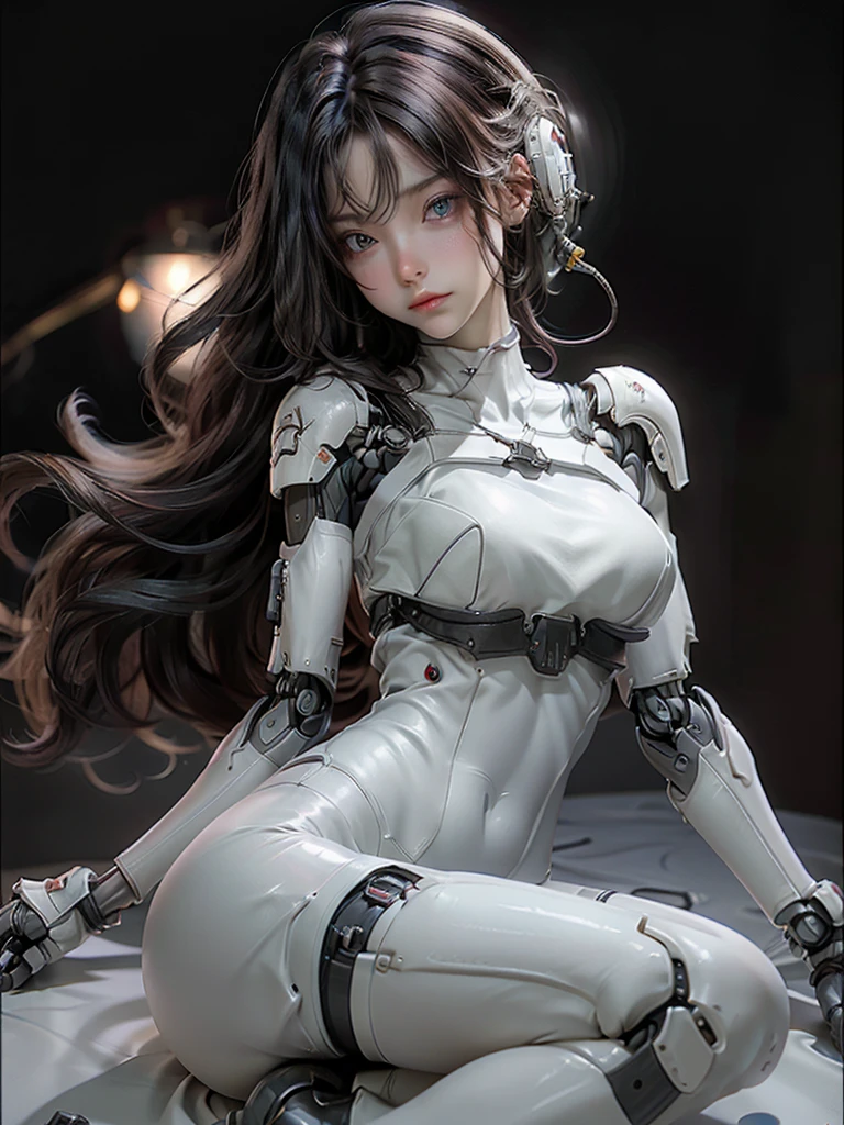 Extremely cute human  girl face, human torso, human huge , human abdomen, human hips, robotic arms, mechanical legs, arms and legs with hard white shiny shell and black joints, very beautiful and feminine, short, , small, small, busty buttocks, medium bust, cleavage display, flat belly display, partial helmet with antenna on the ear, black robot joints, very stylish, award-winning product design, black rubber tights, The shiny white metal breastplate opens at the cleavage and abdomen, the white metal buttocks are wrinkled, and the armor has stylish, glowing trims