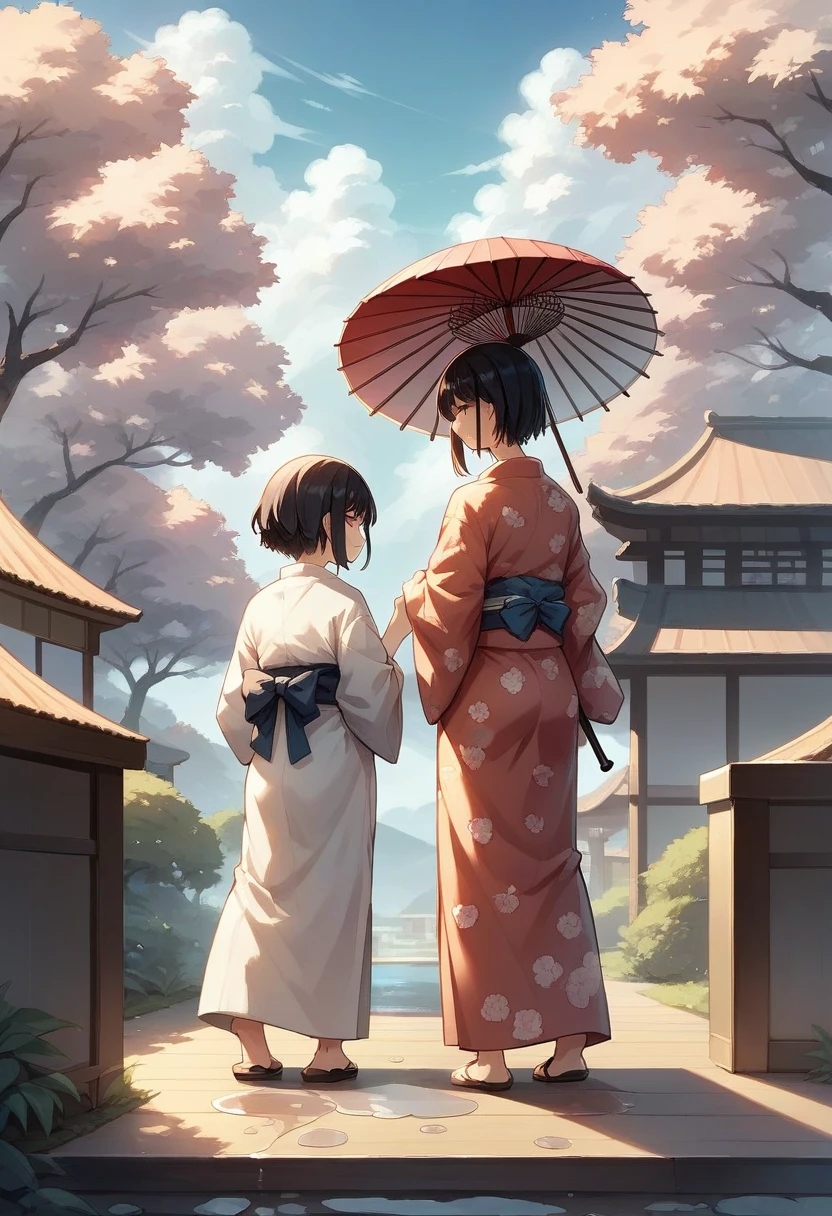 (One japanese woman:1.5), (Adult japanese women:1.5), (slender:1.3), Black Hair, Super short hair, Wearing a floral pattern yukata, Holding a white Japanese umbrella, Backshot, Look back at the camera, Hydrangea in the foreground, Looking at hydrangeas, Sky after rain, Puddle on the ground