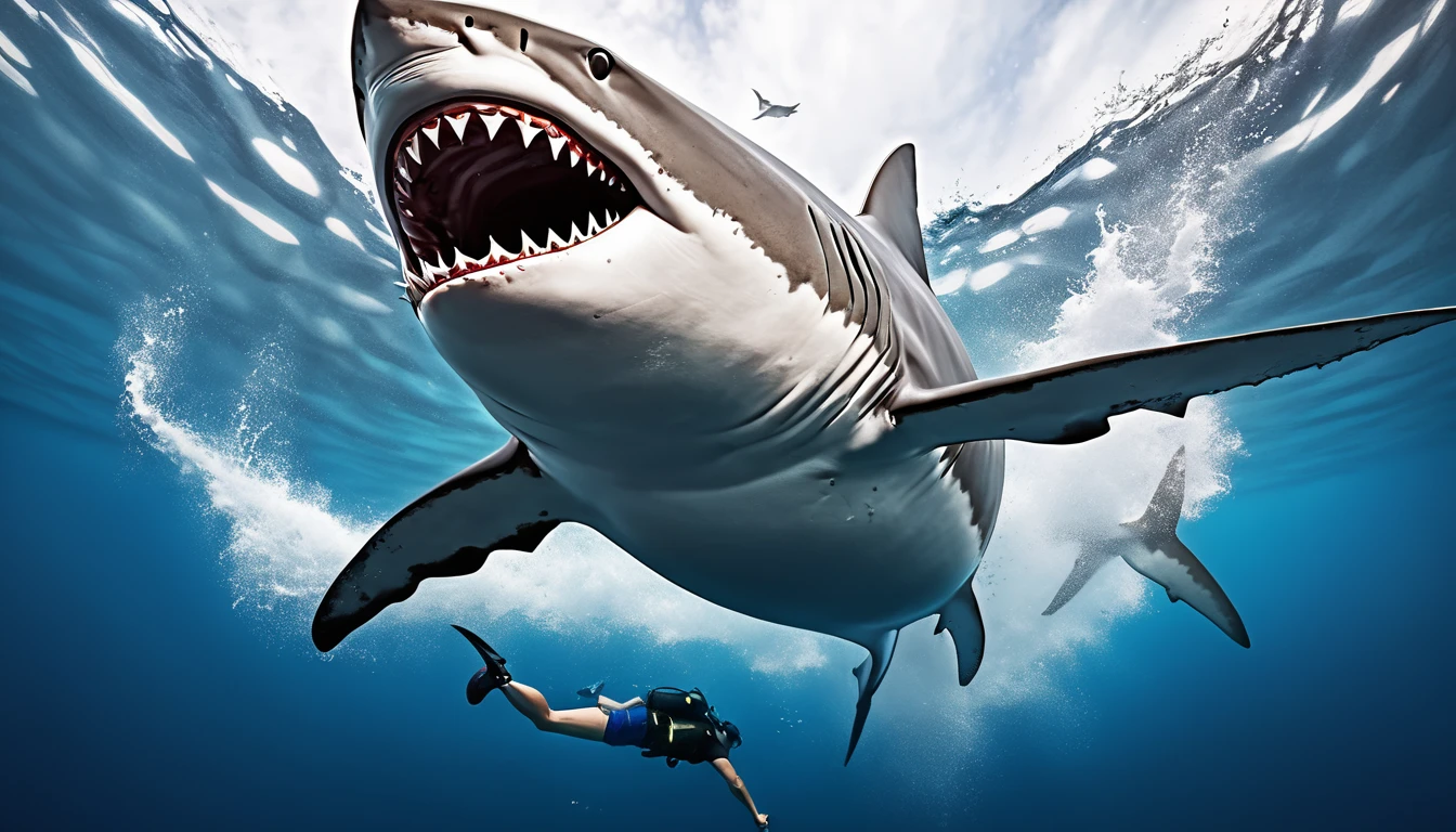 Realistic photos, RAW Photos, shark, attacks viewer, Powerful movements, jump on prey, ((Dynamic jump)), Sharp Claws, shark approaching from above, sudden approach, Bad-tempered, dynamic Shot from grand