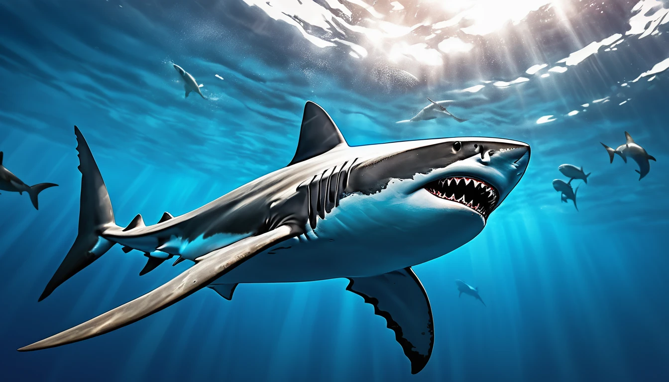 Realistic photos, RAW Photos, shark, attacks viewer, Powerful movements, jump on prey, ((Dynamic jump)), Sharp Claws, shark approaching from above, sudden approach, Bad-tempered, dynamic Shot from grand
