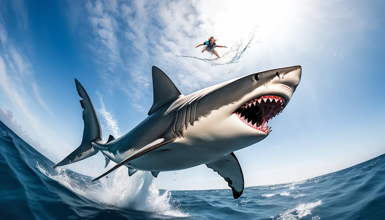 Realistic photos, RAW Photos, shark, attacks viewer, Powerful movements, jump on prey, ((Dynamic jump)), Sharp Claws, shark approaching from above, sudden approach, Bad-tempered, dynamic Shot from grand