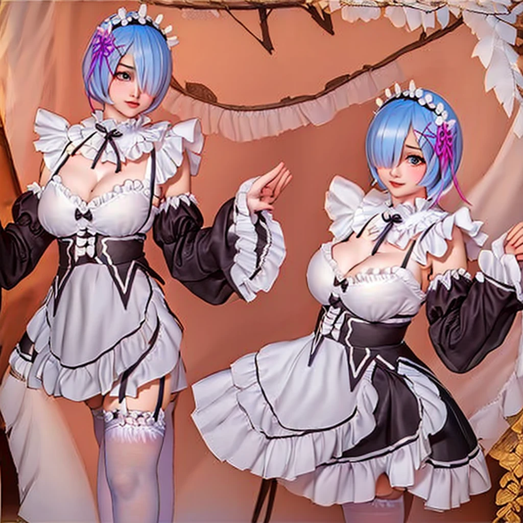 highres, sharp focus, pixiv masterpiece, ((intricate details)), highly detailed, upper body, 1girl, rem_re_zero, blue hair, short hair, maid uniform, hair ornament, cleavage, maid headdress, detached sleeves, ribbon,  　highly detailed beautiful face and eyes,an extremely . Full body, High quality.4k.8k,high resolution,  photorealistic. hyperrealistic.    highly detailed   　((((masturbation ))))see-through Sitting ((((spread leg))))　　((((((((show off tops))))))　chest are fully visible　stripped　((((take off clothes))))　clothes are torn