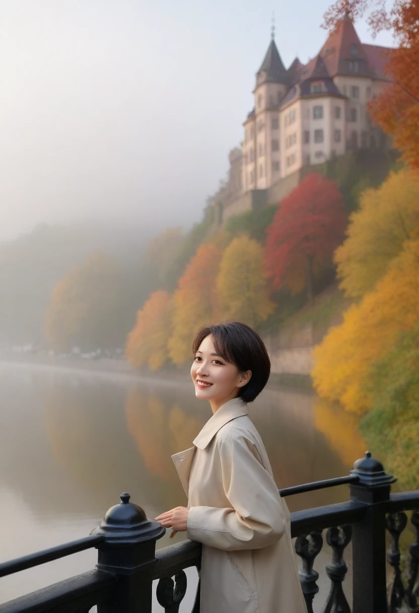 8K high quality, 1 woman, ((36 years old 건강한 한국 여성)), ((36 years old)), 1 woman, The eyes are big and beautiful. ((slim)), ((short medium hair)), laugh. pose: standing, High-end luxury windbreaker jacket, background: Your residence is a baroque townhouse with a plaster façade and wrought iron railings.... Overlooking the Heidelberg River, Germany, autumn, Morning fog,, looking slightly upward, 1 woman, Full body shot with Canon 16-34 wide angle lens, View: river view, look sideways, There is a thick fog in the river.