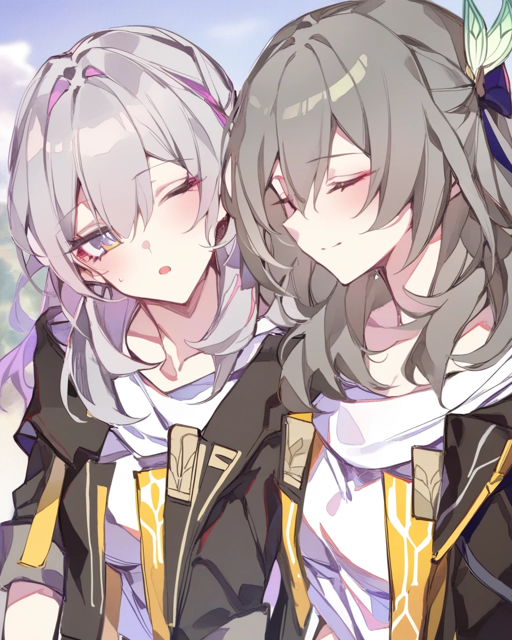 masterpiece,best quality,2girls, multiple girls, cocoballking, outdoors, upper body, grey hair, long hair, shirt, absurdres, closed eyes, commentary, firefly \(honkai: star rail\), grey eyes, head tilt, highres, honkai: star rail, honkai \(series\), stelle \(honkai: star rail\), trailblazer \(honkai: star rail\), white shirt, yuri