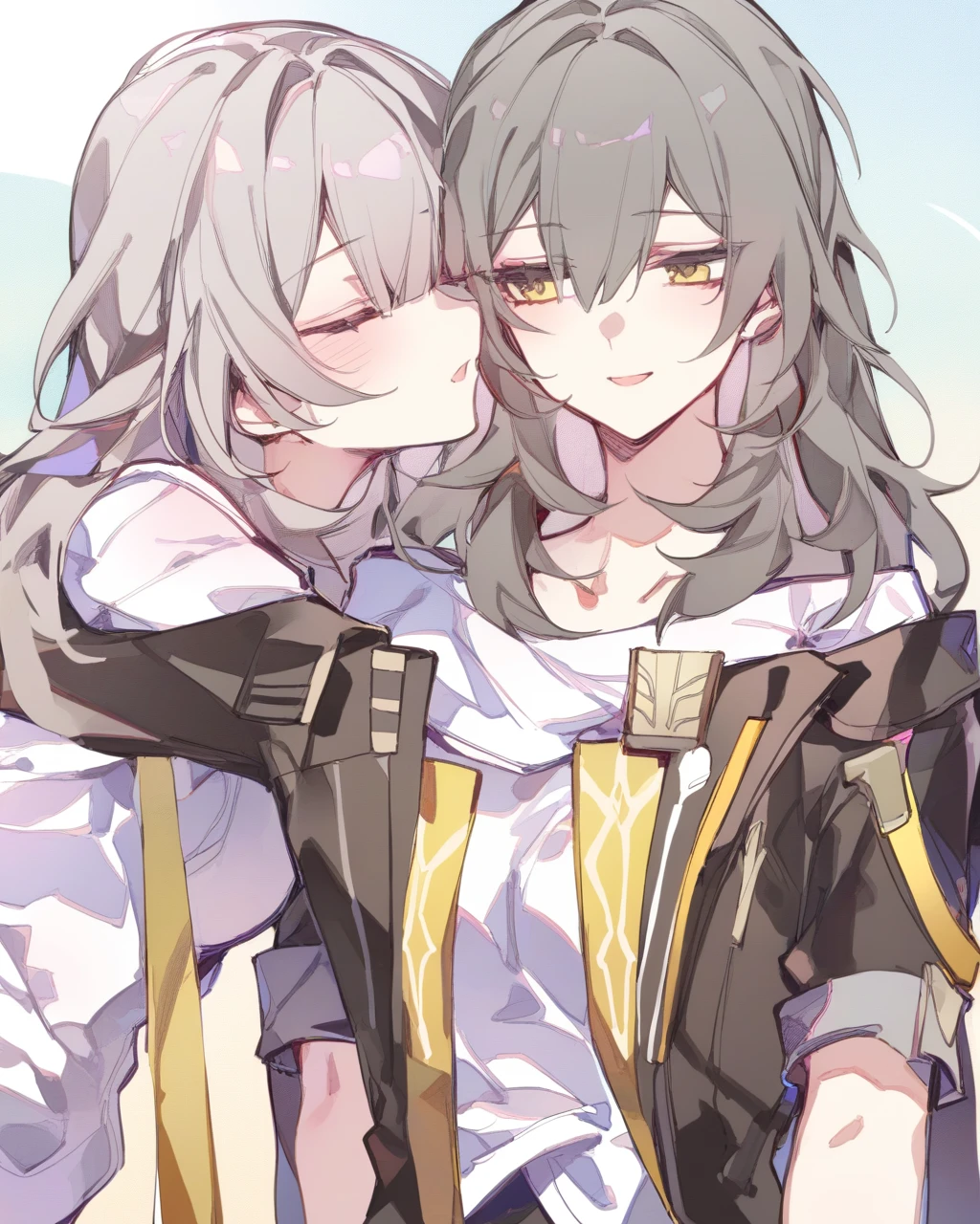 masterpiece,best quality,2girls, multiple girls, cocoballking, outdoors, upper body, grey hair, long hair, shirt, absurdres, closed eyes, commentary, firefly \(honkai: star rail\), grey eyes, head tilt, highres, honkai: star rail, honkai \(series\), stelle \(honkai: star rail\), trailblazer \(honkai: star rail\), white shirt, yuri