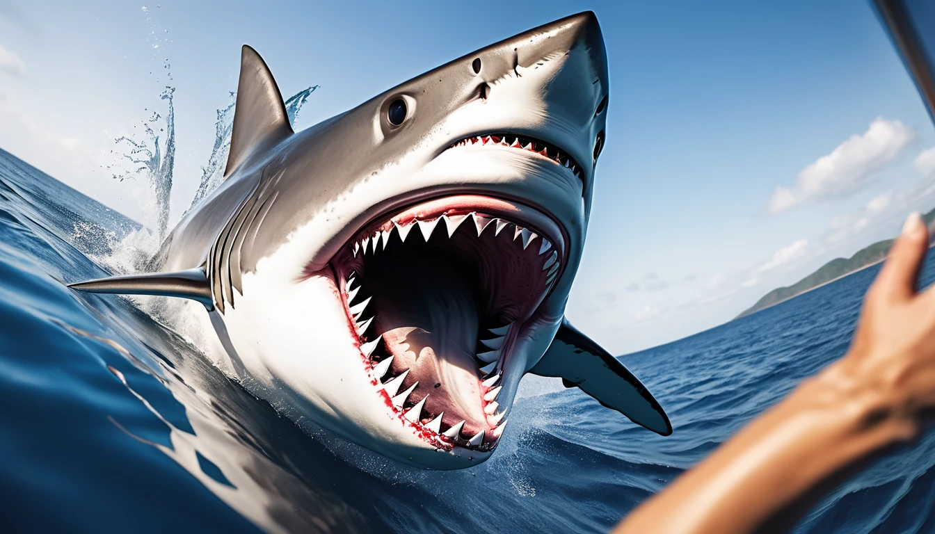 Realistic photos, RAW Photos, shark, attacks viewer, Powerful movements, jump on prey, ((Dynamic jump)), Sharp Claws, shark approaching from above, sudden approach, Bad-tempered, dynamic Shot from grand