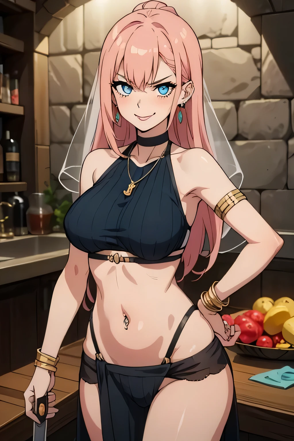 anime coloring, 1girl, solo, maria_synduality_noir, pink hair, blue eyes, long hair, large breast, ear piercing, long hair, blush, lipstick,Hot girl, baddie, staring, glaring, bad attitude, mean girl, dare, angry, hate, crazy, smoking, sensual, attractive , jewelry, earrings, masterpiece, best quality, highly detailed ,glint,halterneck,gold_choker, complex detailed background,
inside, stone wall, ancient interior, ancient egyptian room, hieroglyphs, dark lighting, dark
atmosphere, (cowboy shot), holding a sword, sword, belly_chain,harem_outfit,navel, necklace,
pelvic_curtain,revealing_clothes, veil，masterpiece,best quality,1girl,mature,evil smile, smile,
female,mature,necklace,pendant, (nsfw) not safe for work, exposed belly, exposed navel, exposed
midriff, exposed lower belly, navel piercing