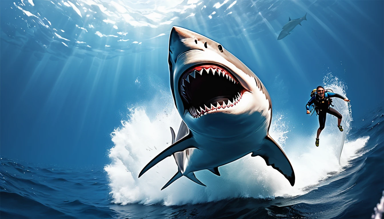 Realistic photos, RAW Photos, shark, attacks viewer, Powerful movements, jump on prey, ((Dynamic jump)), Sharp Claws, shark approaching from above, sudden approach, Bad-tempered, dynamic Shot from grand