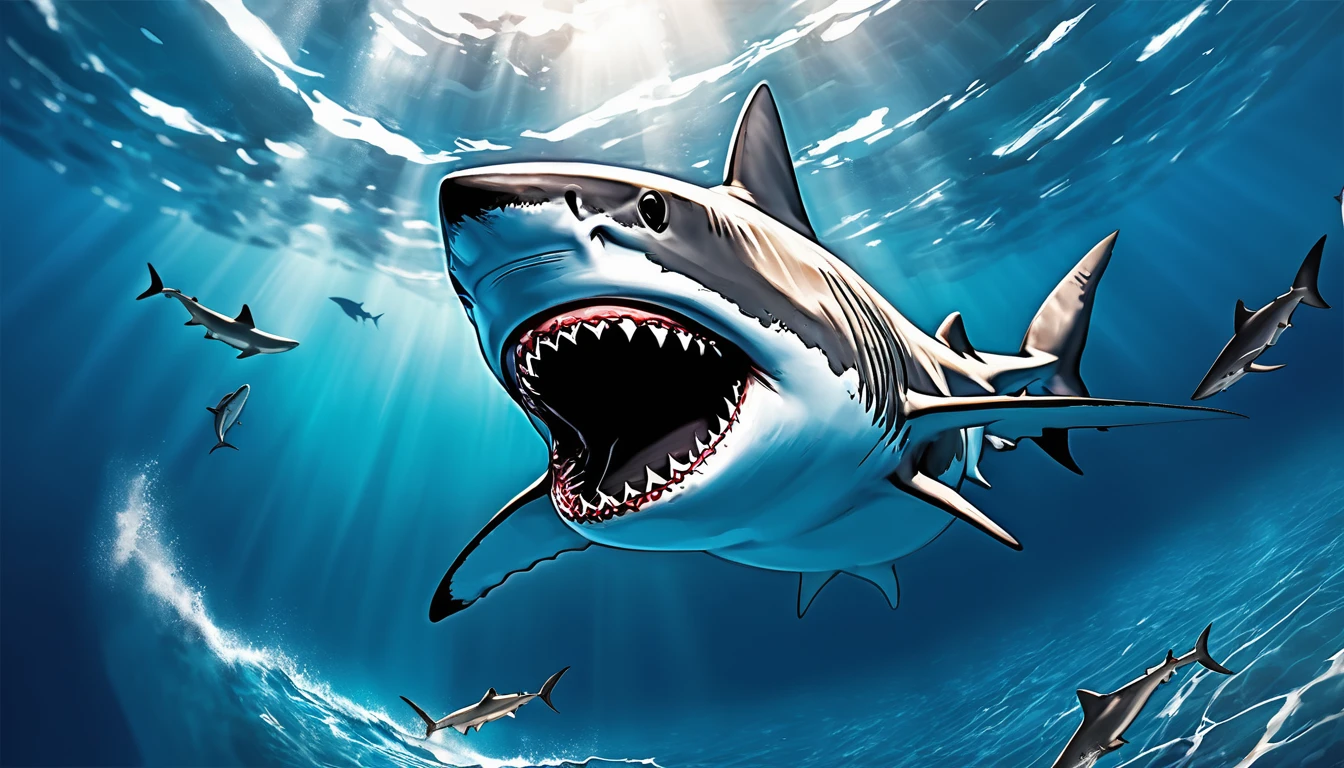 Realistic photos, RAW Photos, shark, attacks viewer, Powerful movements, jump on prey, ((Dynamic jump)), Sharp Claws, shark approaching from above, sudden approach, Bad-tempered, dynamic Shot from grand