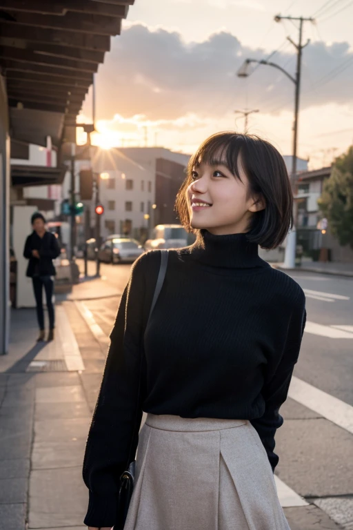 (Highest quality,masterpiece:1.3,Ultra-high resolution),(Very detailed,Caustics,8k),(Realistic:1.4,RAW shooting),At dusk,Warm Light,Vivid,street,24-years-old,cute,Japanese,Black Short Hair,The best smile,big ,down coat,Turtleneck sweater,Long skirt,Low position,Low Angle,Natural light