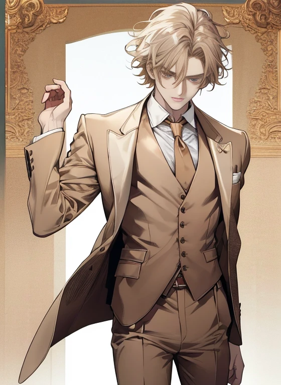 Portrait of a man in his 20s, 28 year old man, uncanny, melancholy, standing, Above the waist, hands down, ((beige three piece suit)), ((hair between the eyes)), long side hair, bangss, ((looking ahead at viewer)), Messy hair, Hair to the shoulders, beige hair, Pale skin, brown dark eyes, (((gender neutral))), Game Graphics, White background, Late 19th century