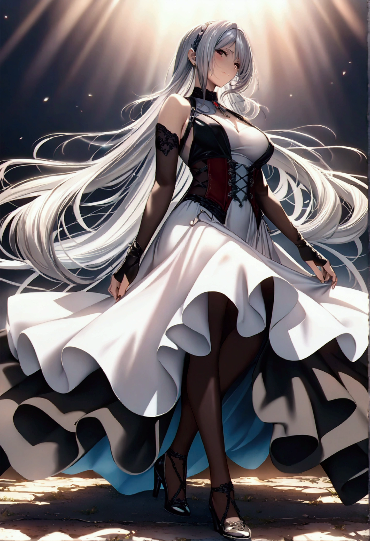 finest masterpiece, Very detailed, Highest quality, Sharp focus, 12k, ultra hi resolution picture, One girl, tifa lockhart \\(Elegant dress\\), Final Fantasy Full Body,dark aura,Wicked Smile, masterpiece, Highest quality, so beautiful, absurdes, Anime works, Anime Style, Key Visual, Vibrant, Studio Anime, Very detailed,One girl,(Silver Hair:1.4),Very long hair,(grit:1.4),(Fighting spirit:1.2)