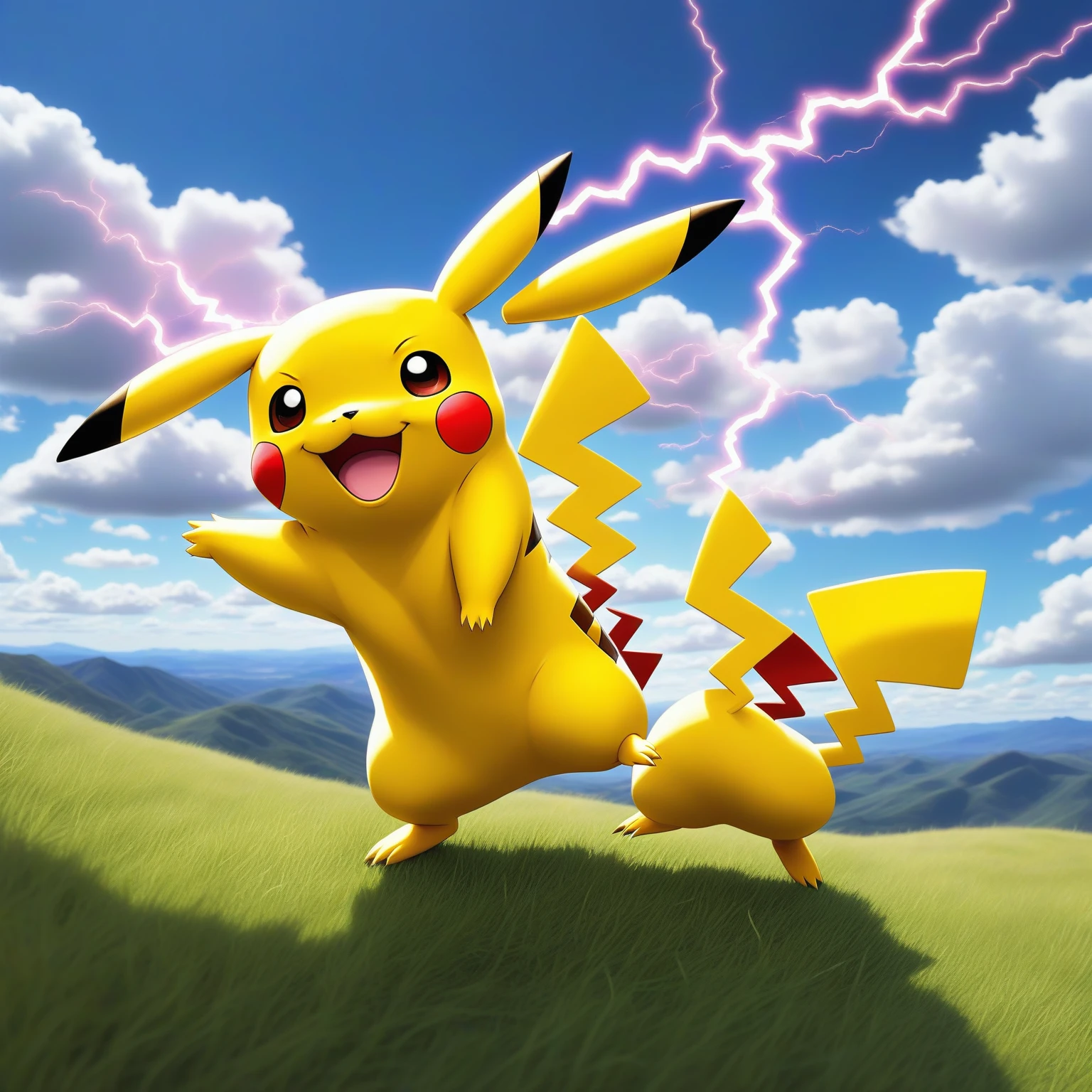 "Create an image of Pikachu, the iconic yellow electric mouse Pokémon, standing on a grassy hill under a bright blue sky. Pikachu should be smiling with its rosy cheeks glowing, and its lightning bolt-shaped tail should be raised high. The background should include a few fluffy white clouds and some distant mountains."