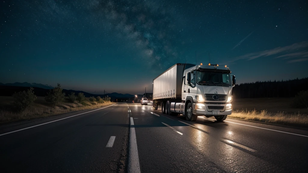Road without anyone at night with truck on the road