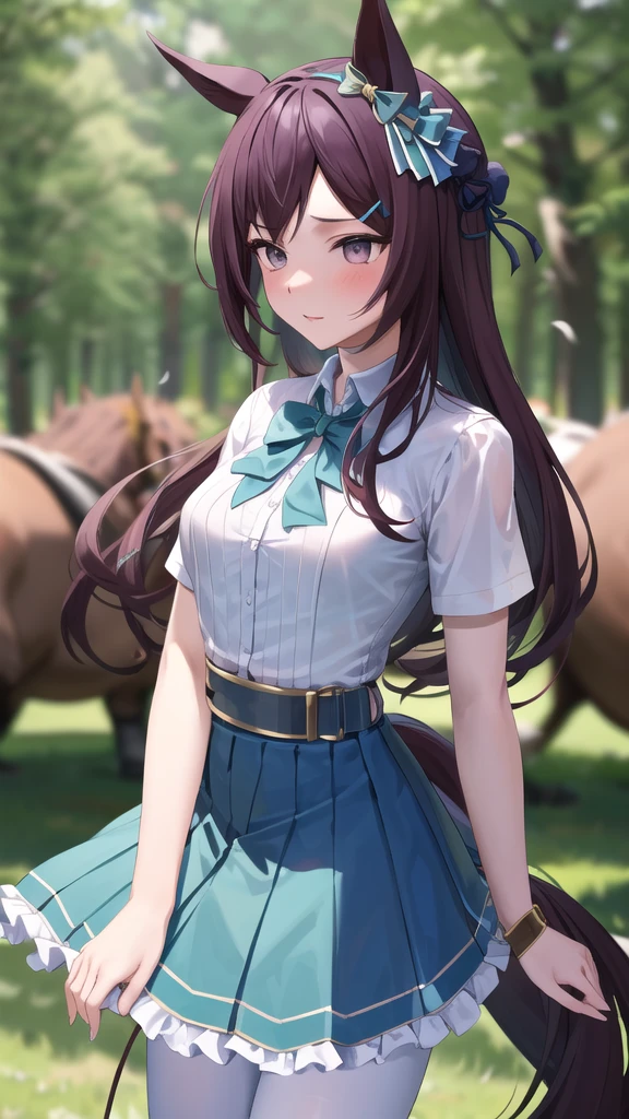 masterpiece, best quality, highres, long hair, animal ears, ear covers, white hairband, horse tail, white shirt, green ribbon, short sleeves, blue skirt, black pantyhose,(((vaginal,sex)))