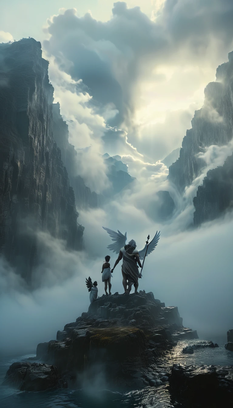 spiritual、God、Zeus、cupid、Visible in the distance、in the fog、fantasy dynamic,dramatic,cinematic,highly detailed,4k,realistic,photorealistic,professional lighting,chiaroscuro,dark,gritty,grunge,powerful,intense,epic