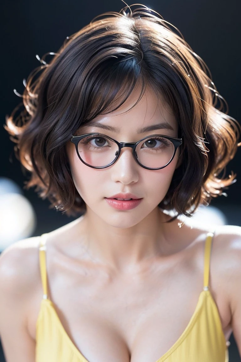 (((1curly short hair girl:1.3, alone))), a Extremely close-up facial image of extremely pretty and beautiful Japanese woman wearing a glasses, (((Symmetric:1.5, Centered Images:1.5))), (1. Accentuate your voluptuous cleavage: Configuration 1), (Extremely close-up facial image:1.5), (Sexy Model), Professional attire, (22 years old: 1.1), (From below:1.3), (Low - Angle:1.3), (Kneel:1.5), ((Top girl:1.5)), ((Raise the hand:1.3)), (Place your arms behind your back and over your head:1.3), (Attractive random poses:1.3), break, (curly short hair:1.3), (Shiny black fine hair:1.2), (Wavy and disheveled hair:1.3), (Curl on the inside:1.3), bangs, Wind, Floating Hair, Dark brown eyes, Beautiful Eyes, Princess Eyes, bangs, Hair between the eyes, short hair:1.3, (Mole under the eye:1.3), curve, Abdominal muscles, perfect Abdominal muscles, (Huge breasts:1.5, Saggy breasts:1.5, Disproportionate breasts:1.5), (Narrow waist: 1.15, Abdominal muscles:0.95), (Detailed beautiful girl: 1.4), Lips parted, Red lips, Full makeup face, (Glowing Skin), ((Perfect female body)), (Upper body image:1.3), Perfect Anatomy, Perfect Proportions, (The most beautiful face of Korean actresses:1.3, The face of a very cute and beautiful Japanese actress:1.3, A charming, light smile, Happy, break, (Bare shoulders, Chest to chest, Show Viewer, (Chest - Bold - Open Elegant Cotton Yellow Camisole One Piece Dress:1.3), Detailed clothing, (Wear glasses:1.3), break, (Simple dark grey background:1.2), (Dark Background), (Studio Soft Lighting: 1.3), (Fake lights: 1.3), (Backlight: 1.3), break, (Realistic, Realistic: 1.37), (masterpiece, Highest quality: 1.2), (Ultra-high resolution: 1.2), (RAW Photos: 1.2), (Sharp focus: 1.3), (Face Focus: 1.2), (Ultra High Definition CG Integrated 8K Wallpaper: 1.2), (Beautiful Skin: 1.2), (Pale skin: 1.3), (Hyper Sharp focus: 1.5), (Ultra Sharp focus: 1.5), (Beautiful pretty face: 1.3), (Highly detailed background, Detailed Background: 1.3), Ultra Realistic Photo, Ultra-sharp images, Hyper-detail image,