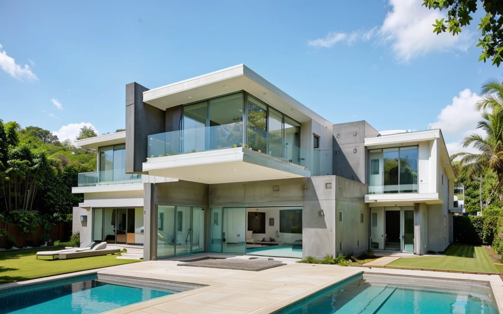 MODERN HOUSE, A wide-angle shot shows the front view of a contemporary two-story villa with glass windows, surrounded by lush greenery. It features an outdoor pool area with natural light. Stone pathways lead to the swimming pool in the yard, adorned with vibrant plants, Taken on a Canon EOS R5, white wall, concrete, ((big front yard)),