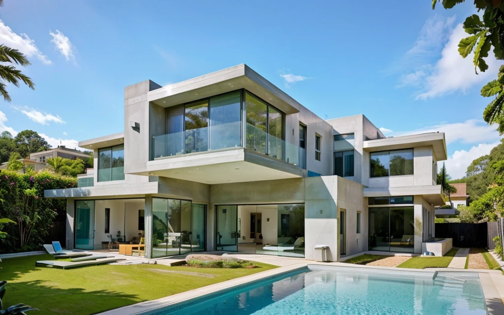 MODERN HOUSE, A wide-angle shot shows the front view of a contemporary two-story villa with glass windows, surrounded by lush greenery. It features an outdoor pool area with natural light. Stone pathways lead to the swimming pool in the yard, adorned with vibrant plants, Taken on a Canon EOS R5, white wall, concrete, ((big front yard)), 