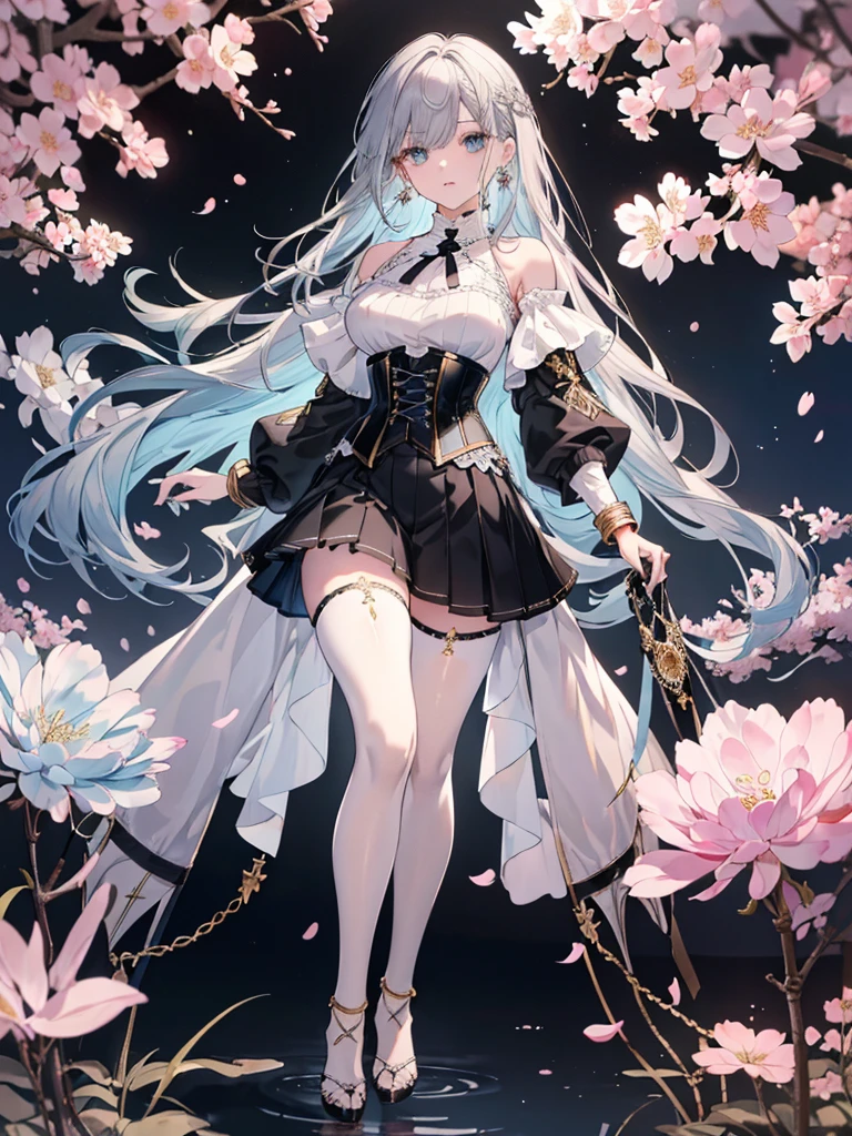 8k,High resolution RAW color art, Anime Art,Silver Marble Skin, (((Highly detailed elegant))), Detailed skin, texture,(Exquisitely crafted, The finer details, Ultra-detailed art), (1 Girl), Depth of written boundary, Silky Touch, Hyper Detail, Cool face, eye shadow、Armed pretty woman, Beautiful attention to detail, Beautiful lip detail, Highly detailed face, Delicate depiction of hair and eyes, Detailed Fashion, Blue sparkling eyes, Earrings, Slightly larger breasts,Full body depiction, ,Focus on the user、Stylish white off-shoulder pants、((((Black above the knee skirt)))、corset、Tights up to the knee、Thighs、Golden decoration, Black nails, Gray Hair, Golden bracelet, Long Straight Hair, Light blue outer color、(((Hair)))、sweater、Cherry Blossoms at Night（Lesoonlight、肌面積Lesature)))、Calm background
