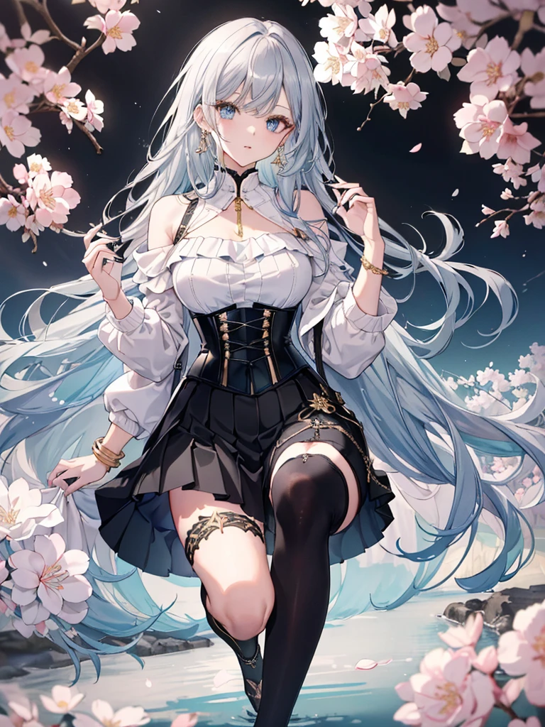 8k,High resolution RAW color art, Anime Art,Silver Marble Skin, (((Highly detailed elegant))), Detailed skin, texture,(Exquisitely crafted, The finer details, Ultra-detailed art), (1 Girl), Depth of written boundary, Silky Touch, Hyper Detail, Cool face, eye shadow、Armed pretty woman, Beautiful attention to detail, Beautiful lip detail, Highly detailed face, Delicate depiction of hair and eyes, Detailed Fashion, Blue sparkling eyes, Earrings, Slightly larger breasts,Full body depiction, ,Focus on the user、Stylish white off-shoulder pants、((((Black above the knee skirt)))、corset、Tights up to the knee、Thighs、Golden decoration, Black nails, Gray Hair, Golden bracelet, Long Straight Hair, Light blue outer color、(((Hair)))、sweater、Cherry Blossoms at Night（Lesoonlight、肌面積Lesature)))、Calm background
