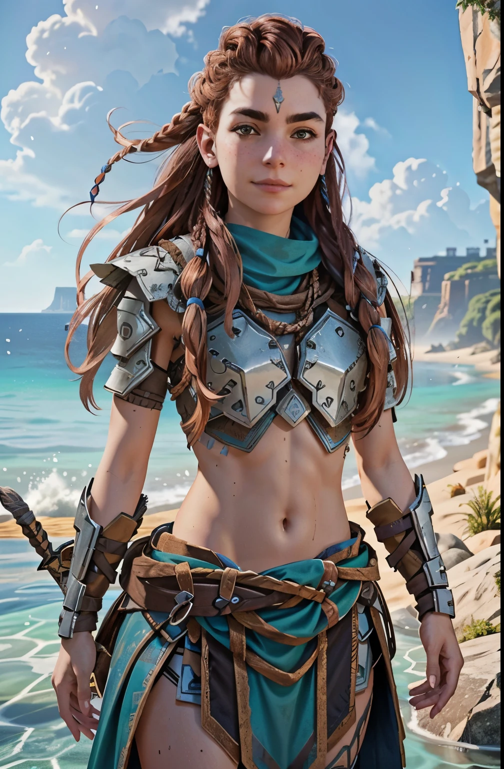 One girl, , Alloy Horizon, alone, Long Hair, smile, Brown Hair, hair ornaments, belly button, Brown eyes, arms, Braiding, Outdoor, parted lips, null, Day, abdomen, sword, cloud, Redhead, water, From behind, armor, blue null, lips, Look to the side, tattoo, Ocean, avert your eyes, Thick eyebrows, shoulder armor, sheath, rope, freckles, put your hands in your hair, rock, Realistic, nose, Dreadlocks
