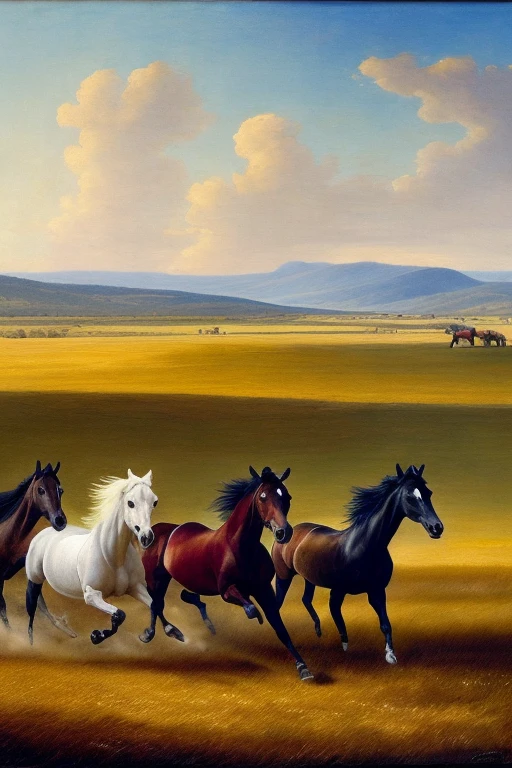 ((best quality)), ((masterpiece)), (detailed), 🐴🐎🐎 4 horses racing across a vast field, 🐎 wild horses, untamed, in total freedom, without a human presence,