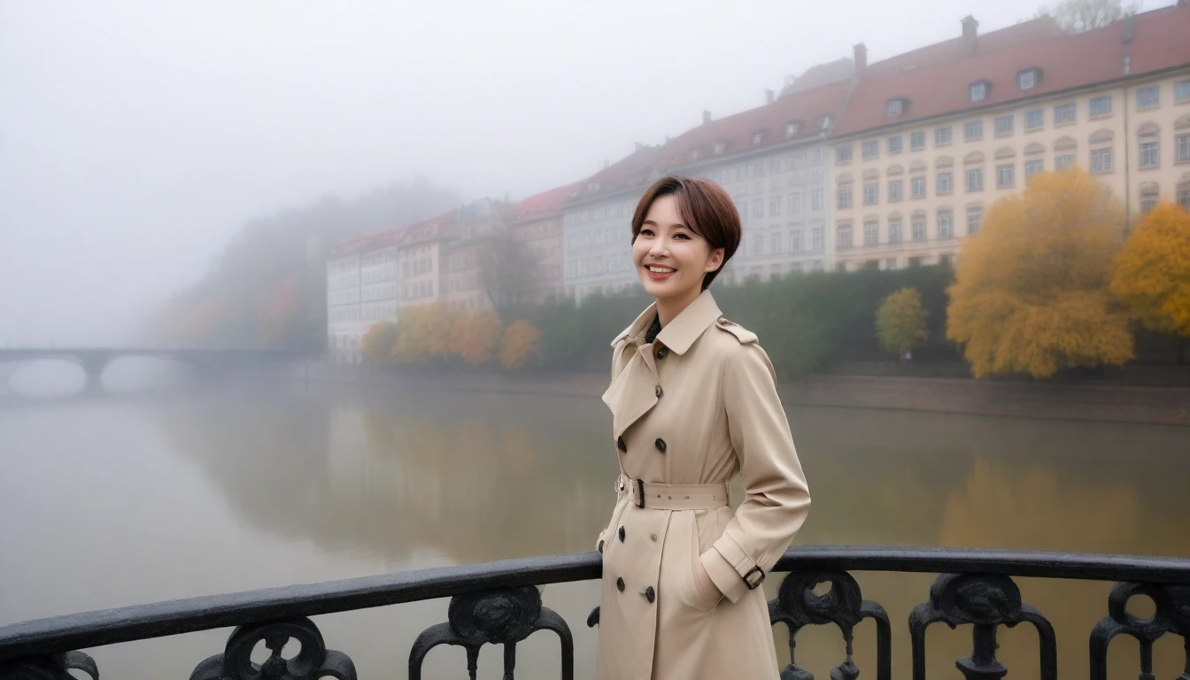 high quality, 1 woman, ((36 years old 건강한 한국 여성)), ((36 years old)), 1 woman, The eyes are big and beautiful. ((slim)), ((short medium hair)), laugh. pose: standing, High-end luxury short trench cord, background: Your residence is a baroque townhouse with a plaster façade and wrought iron railings.... Overlooking the Heidelberg River, Germany, autumn, Morning fog,, looking slightly upward, 1 woman, Full body shot with Canon 16-34 wide angle lens, View: river view, look sideways, There is a thick fog in the river.