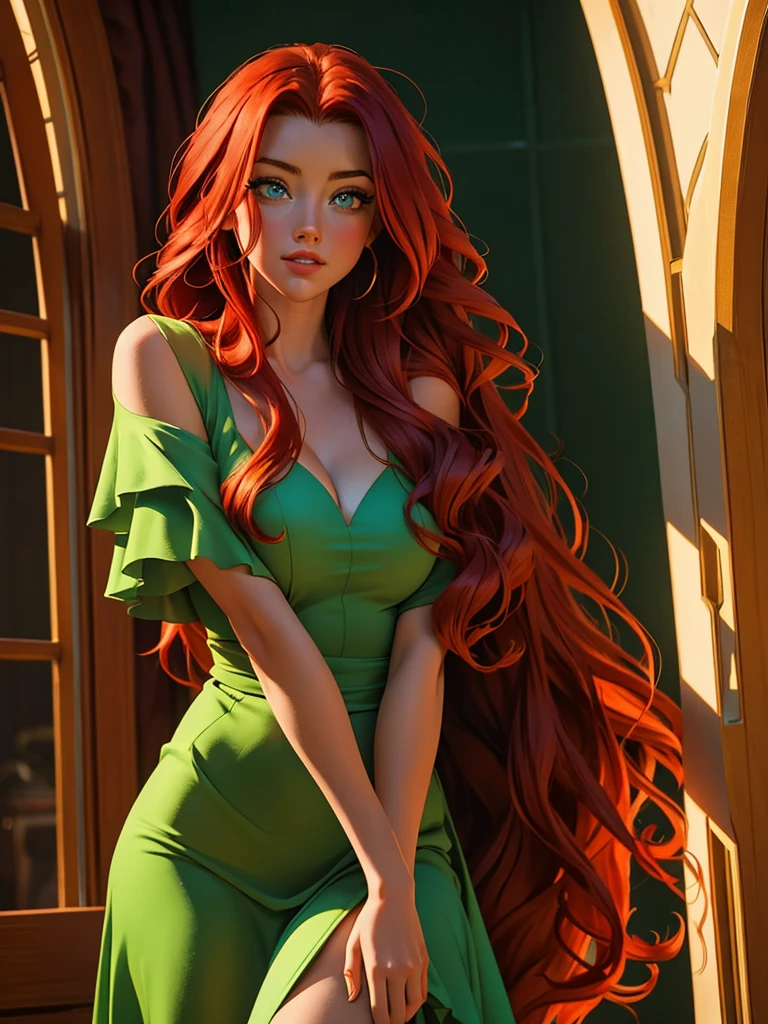 HD, (Best Detail) (Best Quality), redhead AMBER HEARD posing for photo with long red hair and green dress, mature and gorgeous, natural light and shadow