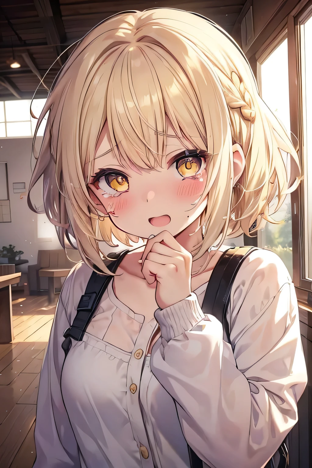 girl, cute anime girl, smile, open mouth, beige hair, short hair, hair in a braid on the side, messy hair, big eyes, yellow eyes, blushing, tears, cry, tears rolled down on cheeks, war setting