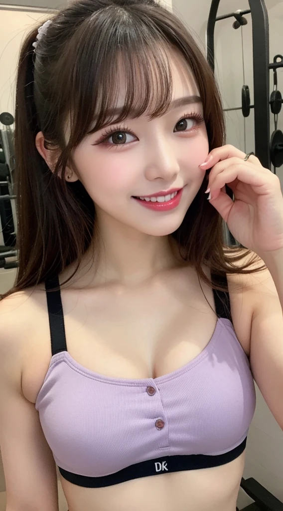 best quality, digit, 超detailed, detailed, High resolution, 32K Wallpapers, Perfect dynamic composition, attention to detail, Random purple sports bra,Large Breasts,,Just like what the top models wear,bun, chest center,Beautiful big eyes like a cat, Cute button nose, small but fairly full lips, Eyebrows are thick and long, beautiful eyelashes. The whole makeup is transparent, paint your cheeks pink,Dark eyeliner,Lip gloss makes it sparkly. casual sexy pose,Smile,white teeth,full-body shot,influencer,randomly placed points(gym scenery)