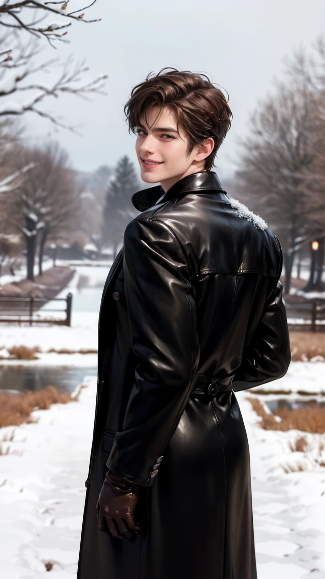 male, (Masterpiece, BestQuality:1.3), (ultra detailed:1.2), (hyperrealistic:1.3), (RAW photo:1.2),High detail RAW color photo, professional photograph, (Photorealistic:1.4), (realistic:1.4), ,professional lighting, (japanese), beautiful face, (realistic face), cute man, (short hair, Brown Hair, Big Tits:1.5), (cheerful Smile:1.35), カラーをランダムに, sexly, erotic sexly, Random sexy gravure poses, (Black long coat、Leather gloves、The background is a snowy landscape、Standing mysteriously and showing his butt。:1.3)