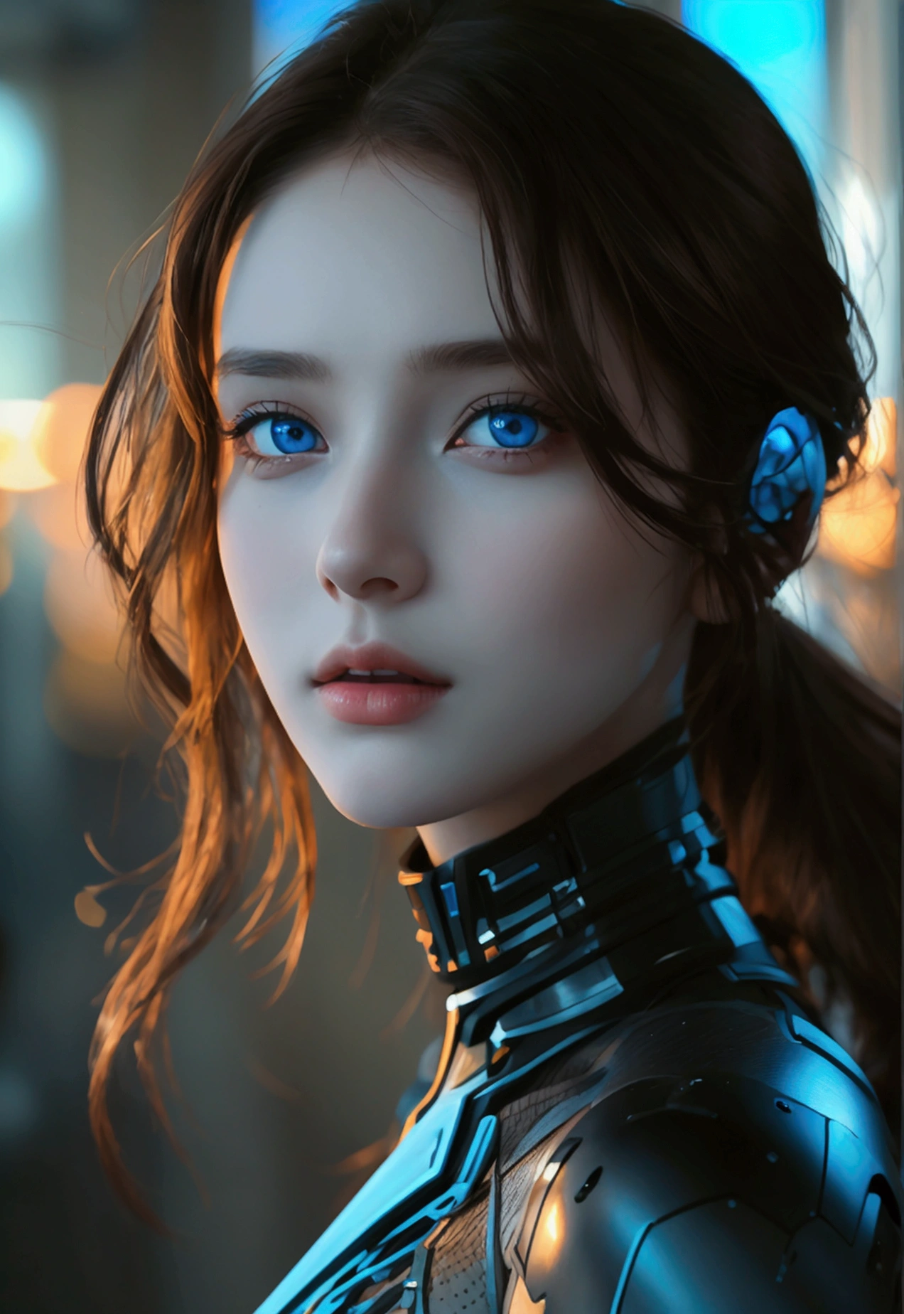 a girl, dark brown hair, blue gray eyes, futuristic clothes, well detailed