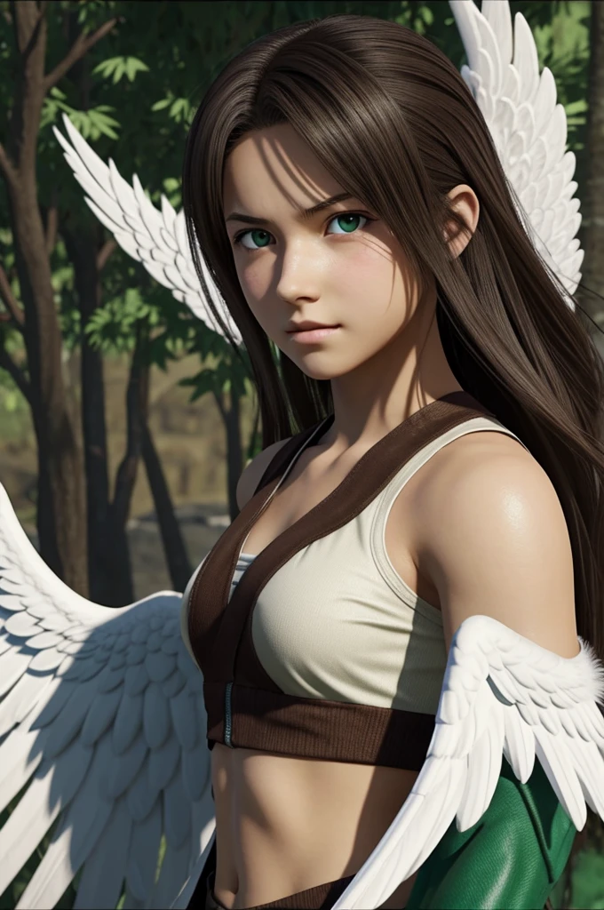 Screenshot of bakugou*
A 16-year-old woman with white wings and long dark brown hair and green eyes 