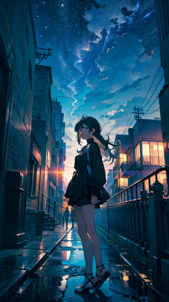 masterpiece, Exquisite detail,Highest quality, One girl, alone, handrail, cloud, Looking up at the buildings,Long Hair, zero, Long sleeve, Power lines, White footwear, Black Hair, View your viewers, Electric pole, bangs, cloudy zero, fish, bird, Green Eyes, Shorts, Day, Black Shirt, barefoot,night,Star,milky way,night,Pitch black,Buildings,metropolis,Are standing