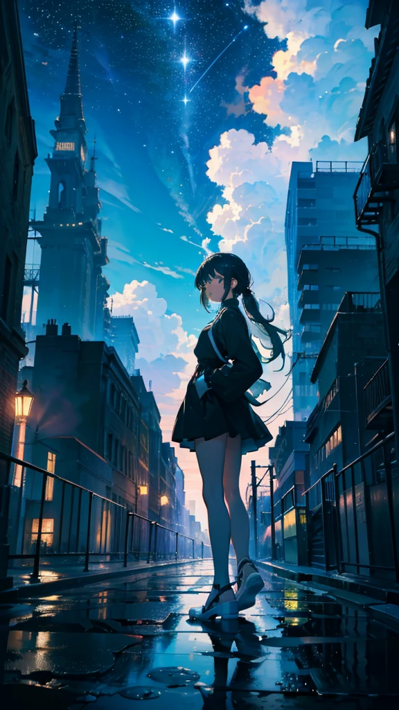 masterpiece, Exquisite detail,Highest quality, One girl, alone, handrail, cloud, Looking up at the buildings,Long Hair, zero, Long sleeve, Power lines, White footwear, Black Hair, View your viewers, Electric pole, bangs, cloudy zero, fish, bird, Green Eyes, Shorts, Day, Black Shirt, barefoot,night,Star,milky way,night,Pitch black,Buildings,metropolis,Are standing
