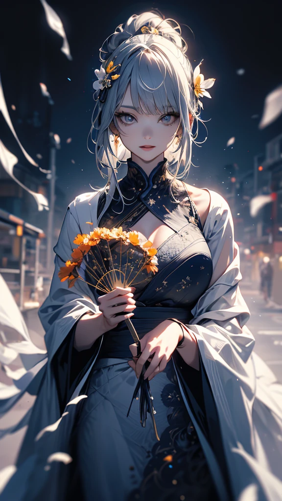 masterpiece, high quality, 4K, Beautiful design, silhouette,Gray Hair, 非常に詳細な夜のStarry Sky,Flower Field, wonderful, Finer details, Very knowledgeable woman, Highly detailed solo, 1 female,Big Breasts,Tight dress,,Hold the fan in front of your chest.,Night view,Starry Sky,full moon,