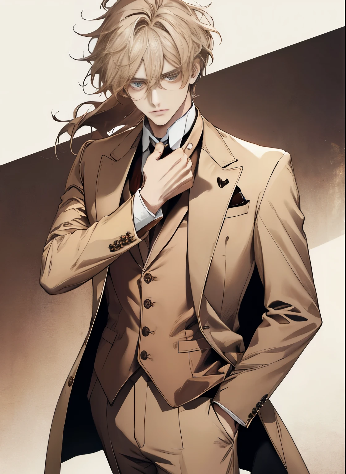 Portrait of a man in his 20s, 28 year old man, uncanny, melancholy, standing, Above the waist, hands down, ((beige three piece suit)), ((hair between the eyes)), long side hair, bangss, ((looking ahead at viewer)), Messy hair, Hair to the shoulders, beige hair, Pale skin, brown dark eyes, (((gender neutral))), Game Graphics, White background, Late 19th century