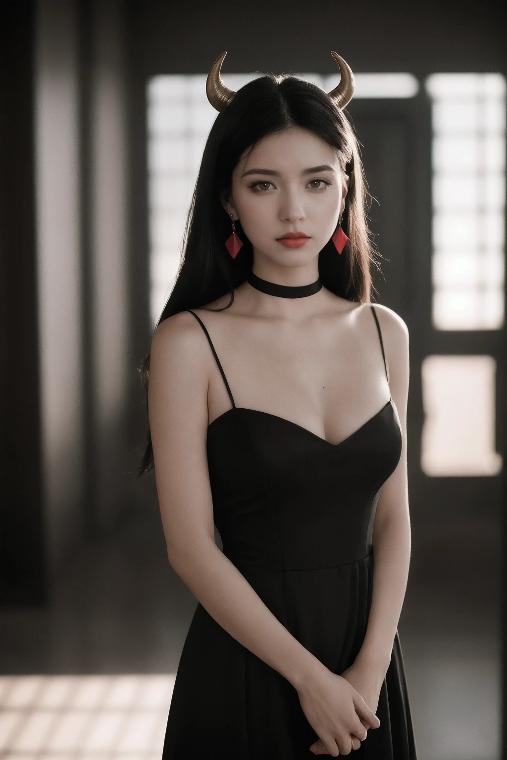 cinematic film , realistic , shallow depth of field, vignette, highly detailed, high budget, bokeh, cinemascope, moody, epic, gorgeous, film grain, grainy, a girl with long hair, wearing a black dress, stands in a room with a blurry background. She has both brown and black hair, red eyes, and is wearing jewelry. Her breasts are medium-sized, and she has a closed mouth. The lighting is cinematic, with side light and sunshine, creating strong contrasts. The girl is looking at the viewer, and her hair falls between her eyes. She has a collarbone, upper body, earrings, horns, and a choker. The dress has a cleavage, and her lips are red. The photo has a high level of detail.cinematic film, Realistic photograph, shallow depth of field, vignette, highly detailed, high budget, bokeh, cinemascope, moody, epic, gorgeous, film grain, grainy, 
