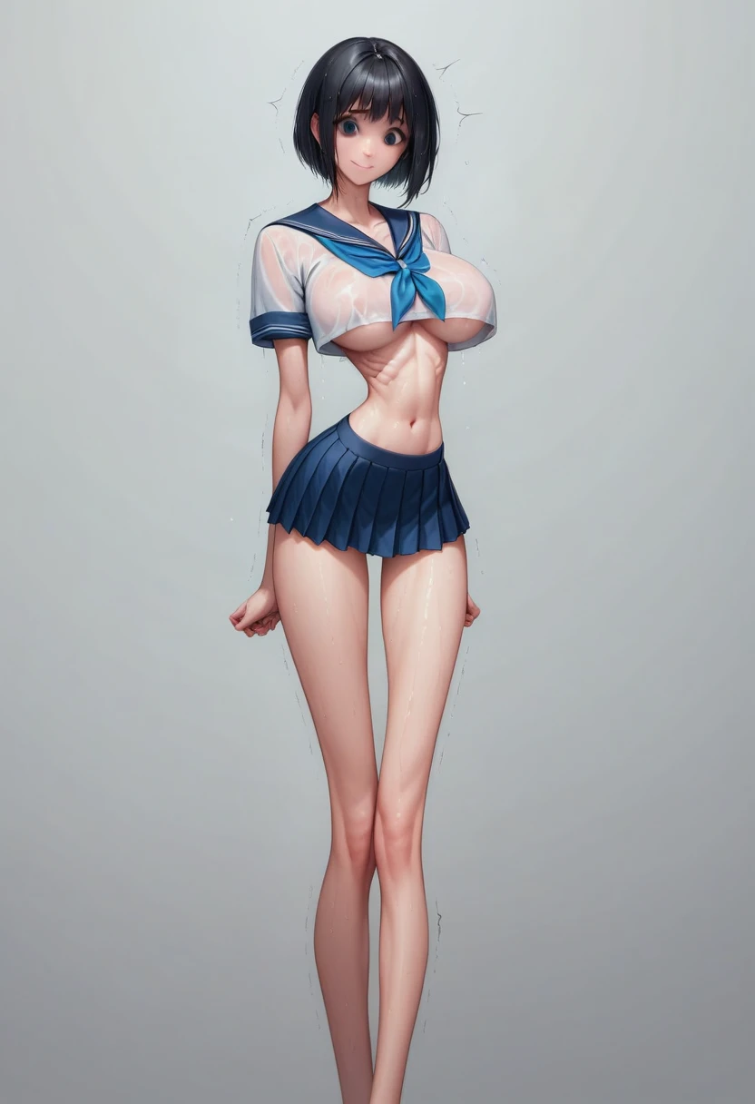 masterpiece, best quality:1.2), Realistic photo, front shot, beautiful thin 1girl, (super big breasts, micro waist, very long legs:1.3), Black hair, short bob hair, (Extremely skinny), short height, Light Skin, cute big eyes, Small Mouth, cute beautiful thin face, forced smile, serafuku, mini skirt, Arched back, pigeon-toed, Embarrassing pose, Long and thin navel, (beautiful visible ribs), wet and sweaty, Trembling