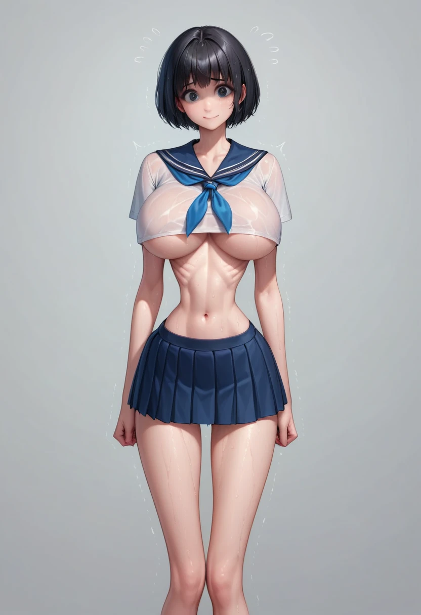 masterpiece, best quality:1.2), Realistic photo, front shot, beautiful thin 1girl, (super big breasts, micro waist, very long legs:1.3), Black hair, short bob hair, (Extremely skinny), short height, Light Skin, cute big eyes, Small Mouth, cute beautiful thin face, forced smile, serafuku, mini skirt, Arched back, pigeon-toed, Embarrassing pose, Long and thin navel, (beautiful visible ribs), wet and sweaty, Trembling