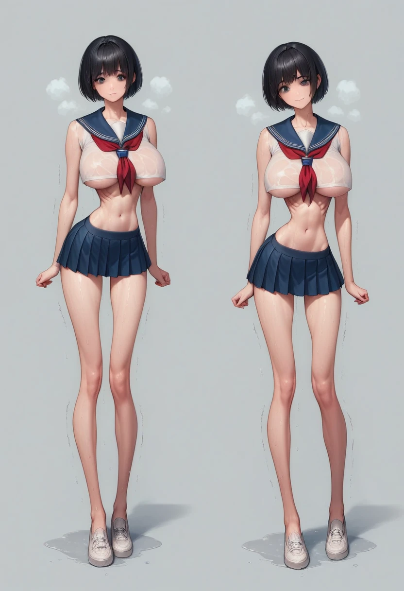 masterpiece, best quality:1.2), Realistic photo, front shot, beautiful thin 1girl, (super big breasts, micro waist, very long legs:1.3), Black hair, short bob hair, (Extremely skinny), short height, Light Skin, cute big eyes, Small Mouth, cute beautiful thin face, forced smile, serafuku, mini skirt, Arched back, pigeon-toed, Embarrassing pose, Long and thin navel, (beautiful visible ribs), wet and sweaty, Trembling