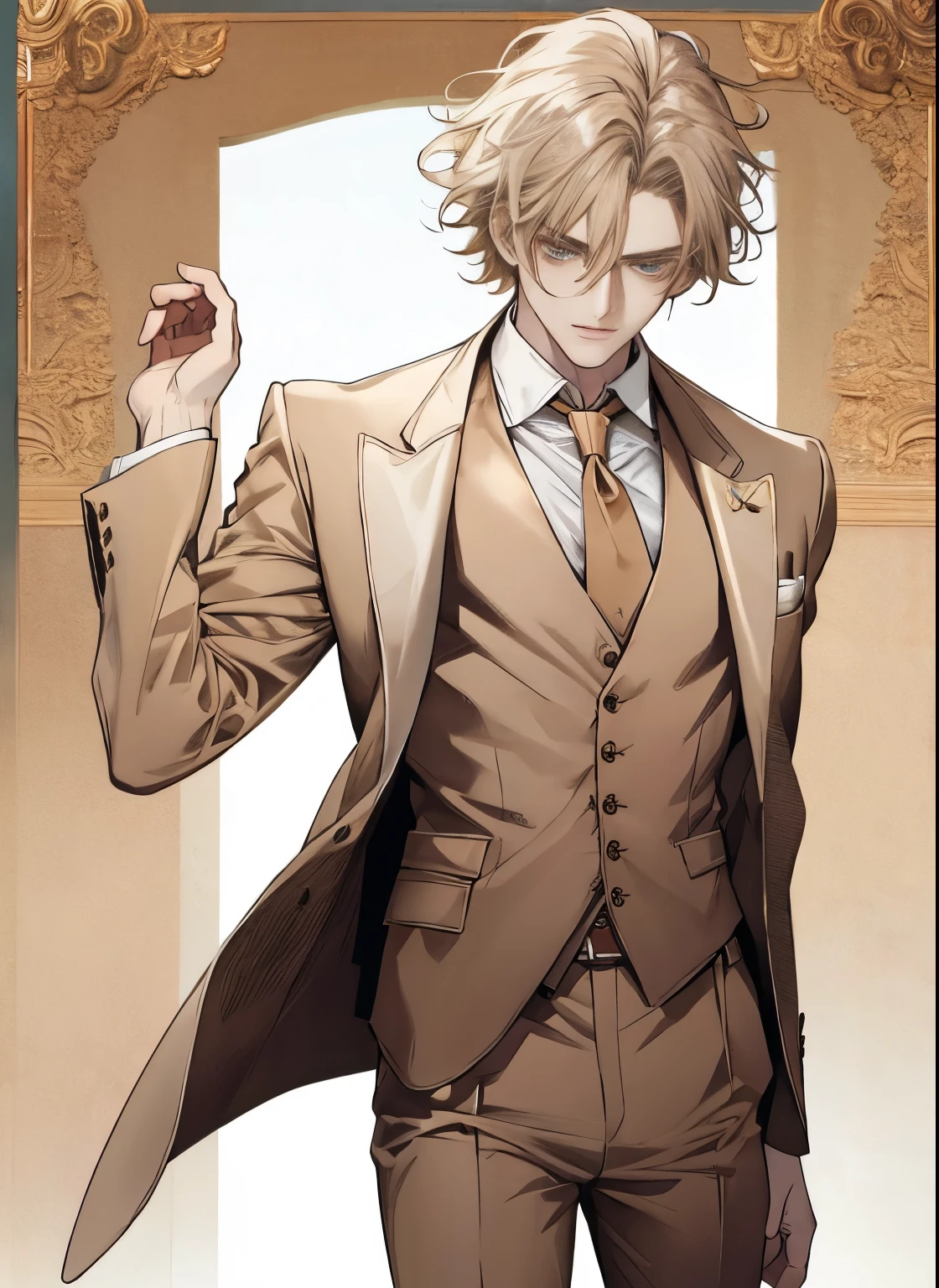 Portrait of a man in his 20s, 28 year old man, uncanny, melancholy, standing, Above the waist, hands down, ((beige three piece suit)), ((hair between the eyes)), long side hair, bangss, ((looking ahead at viewer)), Messy hair, Hair to the shoulders, beige hair, Pale skin, brown dark eyes, (((gender neutral))), Game Graphics, White background, Late 19th century