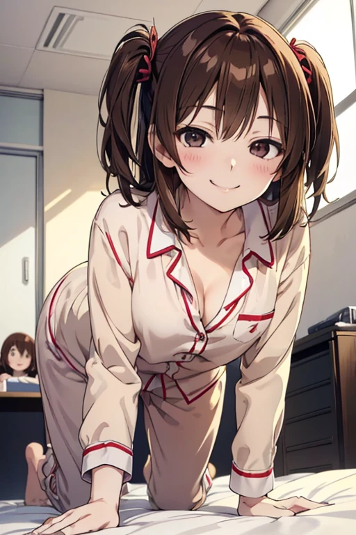 Simple Background,(anime:1.3),Detailed face,Detailed Description,1girl,Brown hair,Two Side Up,(Teasing smile:1.3),Detailed hair,Upward glance,From above,Office Shirt,pajamas,Cleavage,Flat breasts,(Half-open eyes,Squint eyes:1.3),(Petite),bedroom,onbed,On all fours